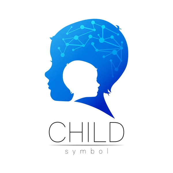 Child blue logotype in vector with brain. Silhouette profile human head. Concept logo for people, children, autism, kids, therapy, clinic, education. Template symbol, modern design isolated on white — Stock Vector