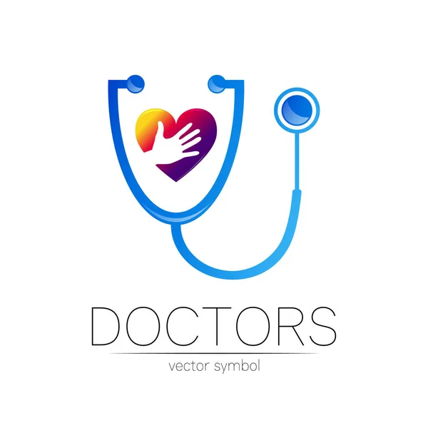Stetoskop och hjärta med mänsklig hand vektor logotyp i blå färg. Medicinsk symbol för läkare, klinik, sjukhus och diagnostik. Modernt koncept för logotyp eller identitet stil. Hälsotecken. — Stock vektor