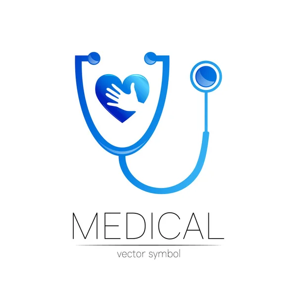 Stetoscopio e cuore con logotipo vettoriale a mano di colore blu. Simbolo medico per medico, clinica, ospedale e diagnostica. Concetto moderno per logo o stile di identità. Segno di salute. Isolato su bianco — Vettoriale Stock