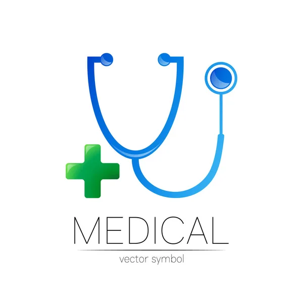 Stetoskop med cross vector logotyp i blå och grön färg. Medicinsk symbol för läkare, klinik, sjukhus och diagnostik. Modernt koncept för logotyp eller identitet stil. Skriv hälsa. På vit bakgrund. — Stock vektor