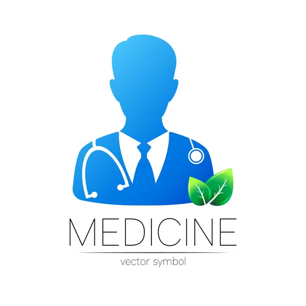 Doctor vector logotype in blauwe kleur met groen blad. Silhouet medisch man. Logo voor kliniek, gezondheid, geneeskunde, zaken. Concept op wit. Template voor web, identiteit moderne stijl geïsoleerd op wit — Stockvector
