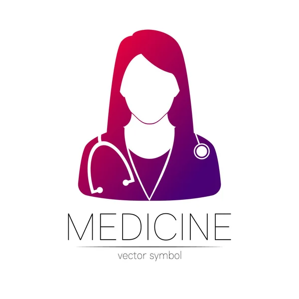 Vrouwelijke dokter vector logotype. Identiteit en concept van geneeskunde. Logo voor kliniek, medische, apotheek, online chat, business, gezondheidszorg. Silhouet in violet verloop kleur geïsoleerd op witte achtergrond. — Stockvector