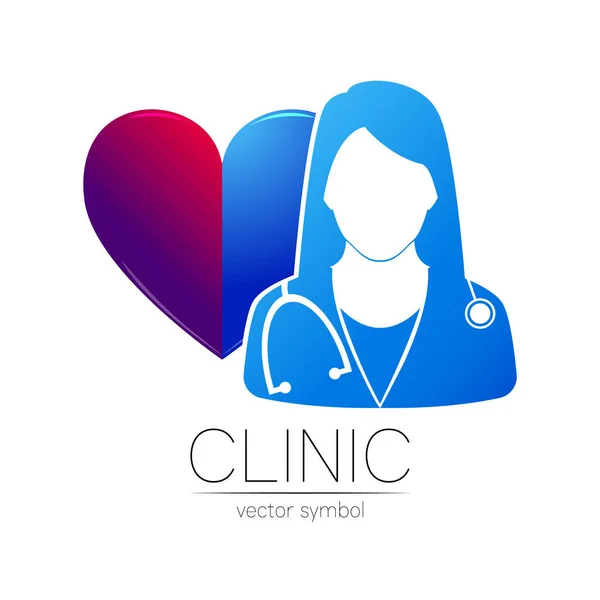 Női orvos nagy szívvektor logójával. Orvosi identitás és koncepció. Logó klinika, orvosi, gyógyszertár, online chat, kardiológia, egészségügyi ellátás. Silhouette kék gradiens színe fehér — Stock Vector