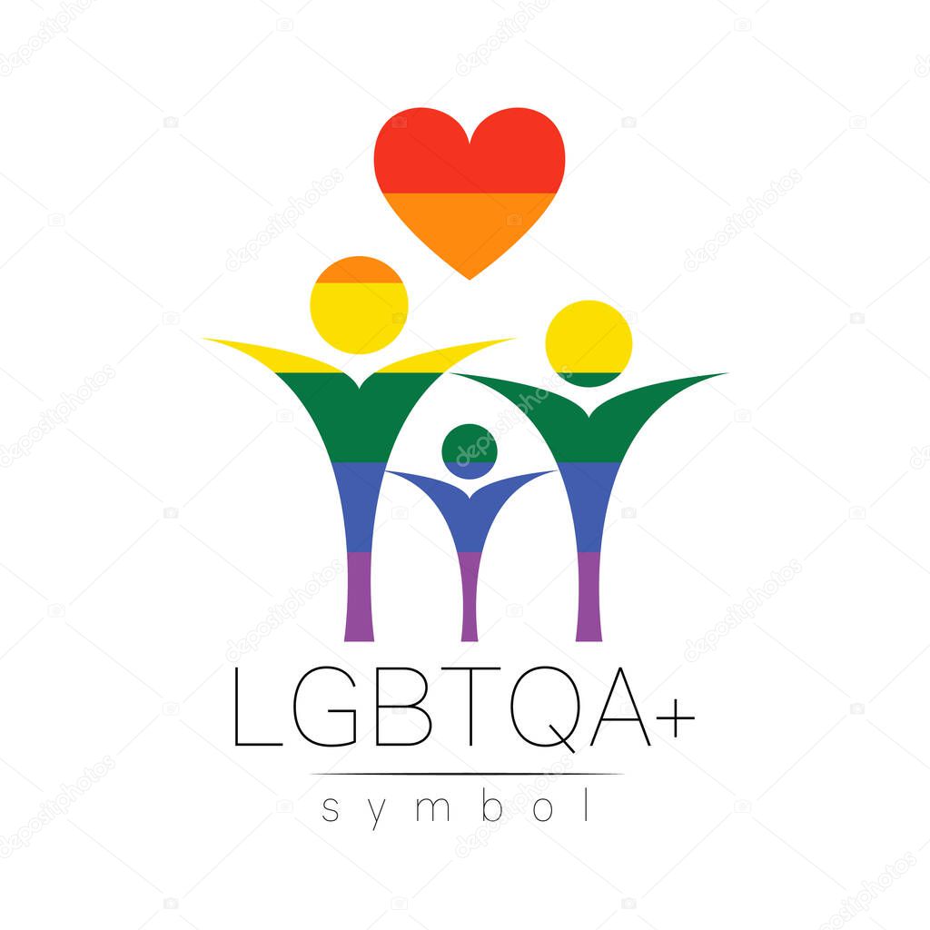 Vector LGBTQA family symbol. Pride flag background. Icon for gay, lesbian, bisexual, transsexual, queer and allies person. Can be use for sign activism, psychology or counseling. LGBT on white