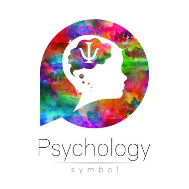 Gökkuşağı suluboya çemberinde psikoloji işareti olan çocuk logosu. Siluet profili insan kafası. İnsanlar, çocuklar, otizm, çocuklar, terapi, klinik, eğitim için kavram logosu. Beyaz üzerine izole edilmiş şablon