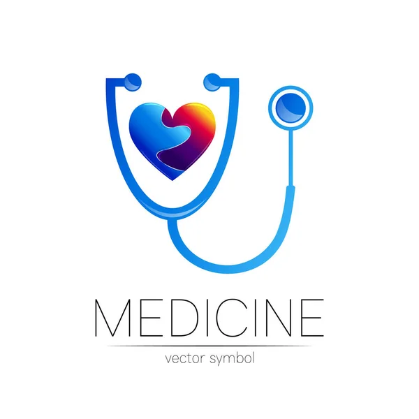 Stethoscoop en hart vector logotype in blauwe kleur. Medisch symbool voor arts, kliniek, ziekenhuis en diagnose. Modern concept voor logo of identiteitsstijl. Een teken van gezondheid. Geïsoleerd op witte achtergrond — Stockvector