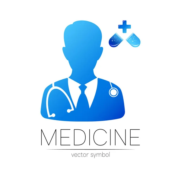Doctor en capsule pil vector logotype in blauwe kleur met kruis. Silhouet medisch man. Logo kliniek, ziekenhuis, gezondheid, geneeskunde, zaken. Concept op wit. Sjabloon voor web, identiteit moderne stijl — Stockvector