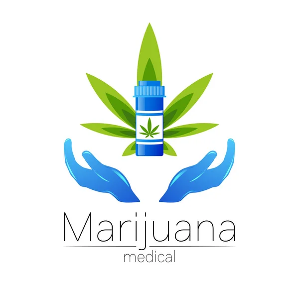 Medicinsk cannabis symbol i vektor. Logotype til marihuana, natur urtemedicin, terapi, læger og butik, forretning. Isoleret på hvidt. Blå og grøn farve. Ikon med menneskelige hænder – Stock-vektor