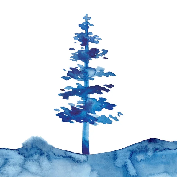 Акварельный стиль XMAS сосны и снега изолированные иллюстрации Рождества Нового года. Синий цвет. Кисть живописи Рождественская ель иллюстрация на бумаге. Рисование ели. Зимний символ декора. — стоковое фото