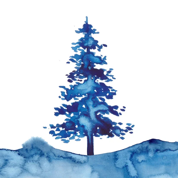 Estilo aquarela XMAS pinheiro e neve ilustração isolada de Natal Ano Novo. Cor azul. Pincel pintura Natal fir ilustração sobre papel. Desenho de abeto. Símbolo de decoração inverno. — Fotografia de Stock