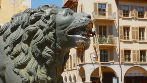 Detalle en la cabeza de los leones de la fuente en el centro de Annecy, Francia — Vídeos de Stock