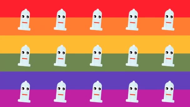 Анимированный рисунок, представляющий счастливый презерватив для сексуальной безопасности, с радужным флагом на фоне — стоковое видео