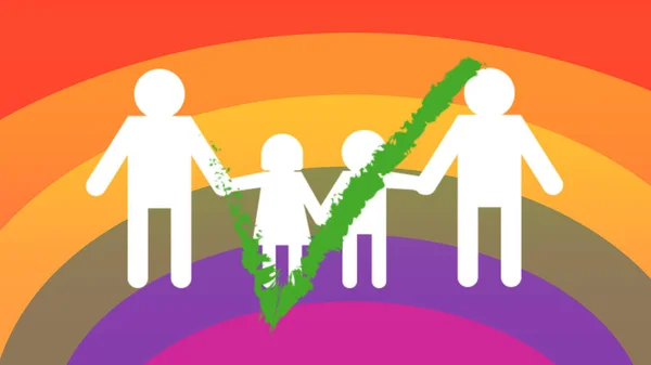 Homosexuální rodiny ikony, schválený na duhové vlajky pozadí — Stock fotografie