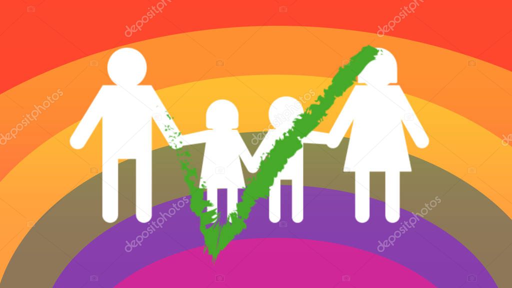 gay families icons, approved on rainbow flag background