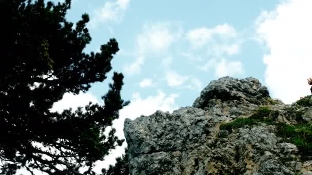 Adolescente chica en la cima de la montaña hace yoga ejercicios — Vídeo de stock