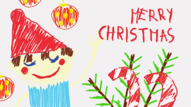 Keçeli kalemler ile bir çocuk, çok renkli ve mutlu animasyon arka plan tarafından çizilmiş neşeli Noel animasyon — Stok video