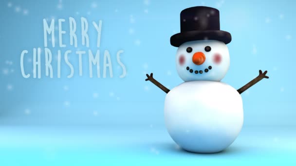 Animación muñeco de nieve bajo la nieve que nos desea una feliz Navidad, con copyspace — Vídeo de stock