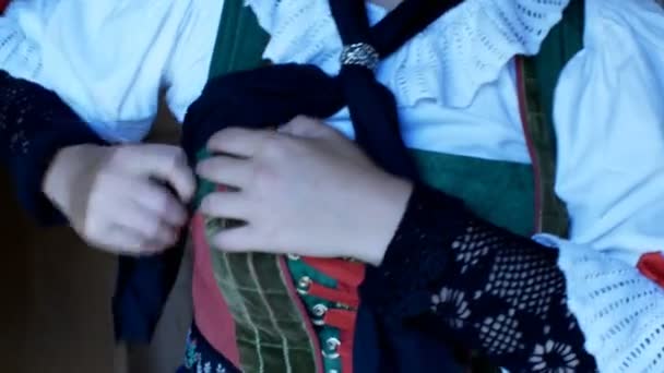 Ragazza veste un abito tirolese complesso, tipico delle zone alpine tradizionali del Tirolo — Video Stock