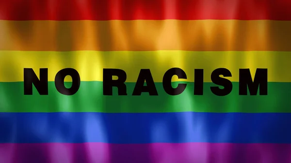 Bandeira do arco-íris com as palavras No Racism, ideal para sensibilizar abusos discriminatórios em círculos sociais gays — Fotografia de Stock