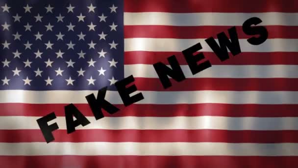 Bandera americana animada con las palabras Noticias Falsas, material de archivo ideal para sensibilizar el uso de los medios de comunicación con el fin de no manipular y desinformar a la gente — Vídeos de Stock