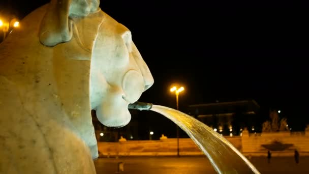 Toma de la noche de un detalle del león que escupe agua de su boca en una de las plazas más bellas de Roma, Piazza del Popolo — Vídeo de stock