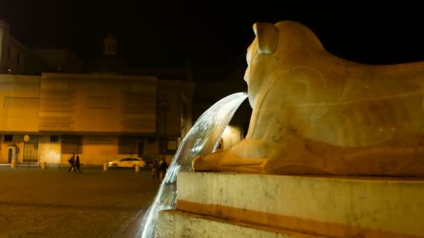 Nacht shot van een detail van de leeuw die water uit zijn mond in een van de mooiste pleinen van Rome, Piazza del Popolo spuugt — Stockvideo