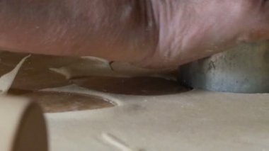 Mantı, yapmak için taze makarna makarna diskler oluşturmak için bir pasta yerine kullanarak hazırlar bir İtalyan Bayan el detay