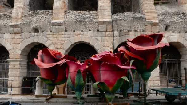 Pezzi di scenografia dell'opera Aida vengono trasportati all'Arena per uno spettacolo — Video Stock