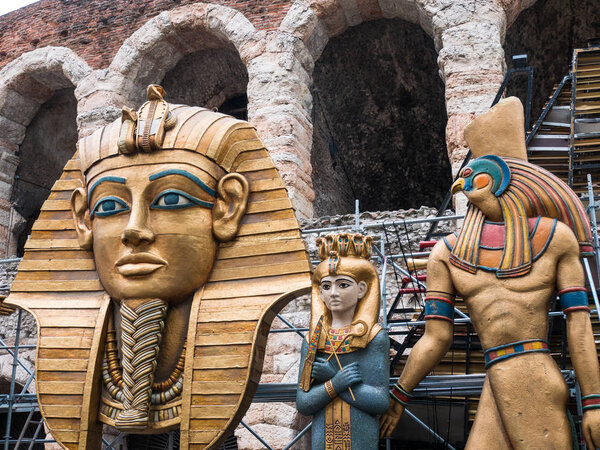 pieces of set design of the Aida opera are transported to the Arena for a show