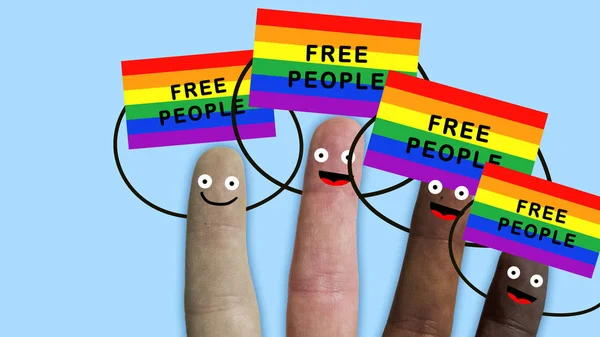 Dedos de uma mão, de vários grupos étnicos manifestam-se com bandeiras do arco-íris, símbolo de direitos humanitários e sexuais, filmagem ideal para representar integração e problemas raciais — Fotografia de Stock
