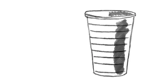 흰색 칠판, 생태 문제를 나타내는 이상적인 장면에 그려진 일회용 플라스틱 컵 — 스톡 사진