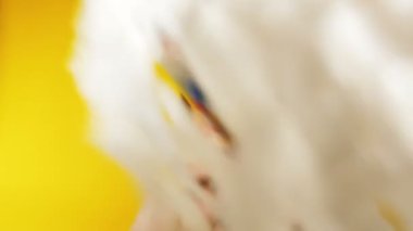 adam parti borunun başına sarı bir arka plan, partiler ve komik durumlara temsil etmek için ideal görüntüleri ile karnaval kutluyor