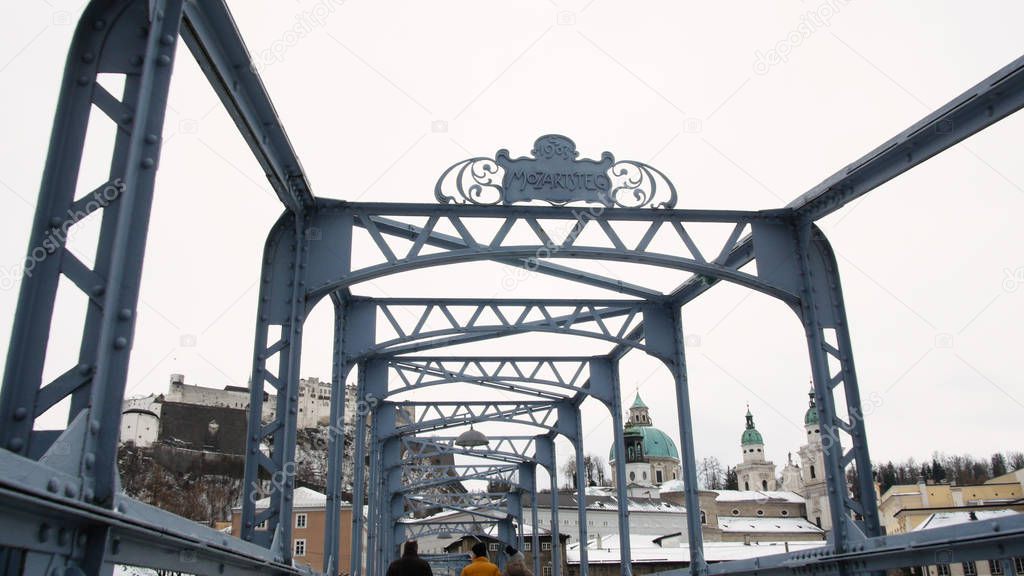 Mozart bridge in Salzburg during winter, birth city of Mozart, genius of classical music