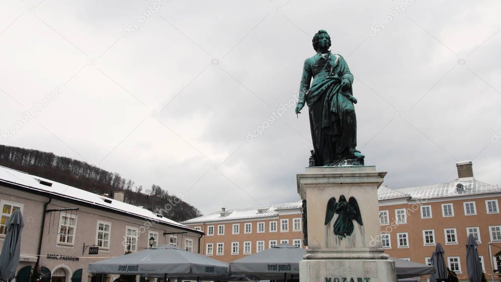 Mozart statue in Salzburg during winter, birth city of Mozart, genius of classical music