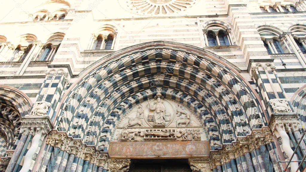 Portals of the facade of the Cathedral of San Lorenzo, is the most important Catholic place of worship in the city of Genoa