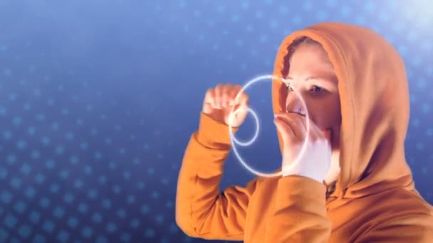 Tiener meisje, met oranje hoodie en Sweatshirt, schreeuwt geluidsgolven, ideaalbeeld materiaal om sociale pesten te representeren — Stockvideo