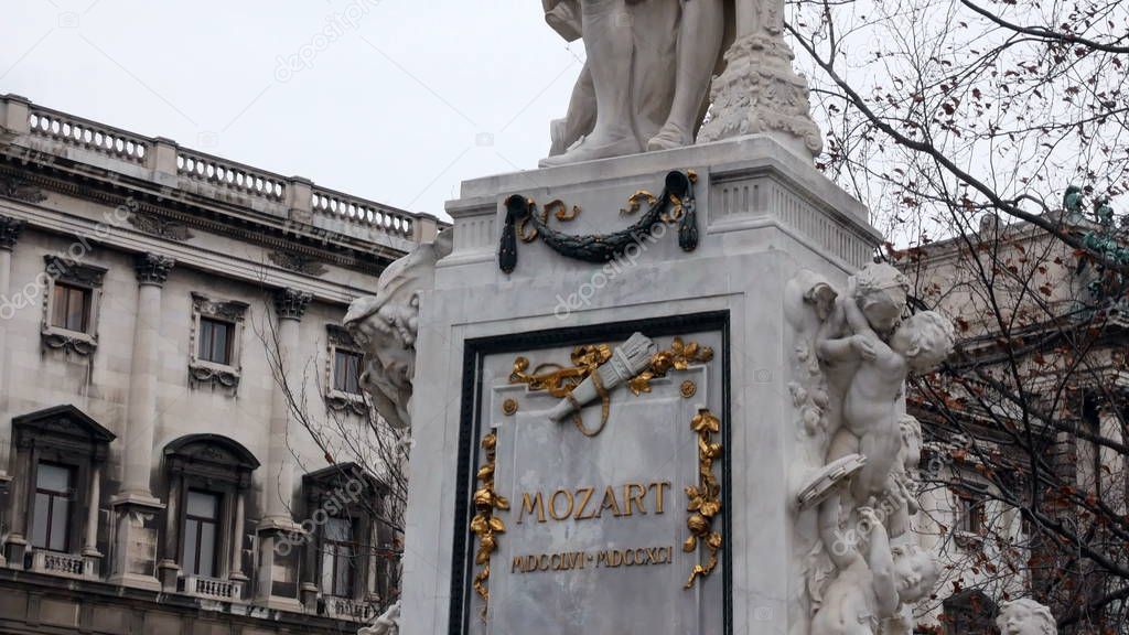 Mozart Statue in Vienna, Austria. Wolfgang Amadeus Mozart is definitely one of the best known names connected with Vienna and Austria. Mozarts statue in Vienna city center. Imperial Palace Gardens