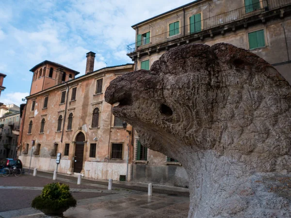 Cathédrale de Vérone, architecture romane extérieure avec bestiaires sculptés dans le marbre — Photo