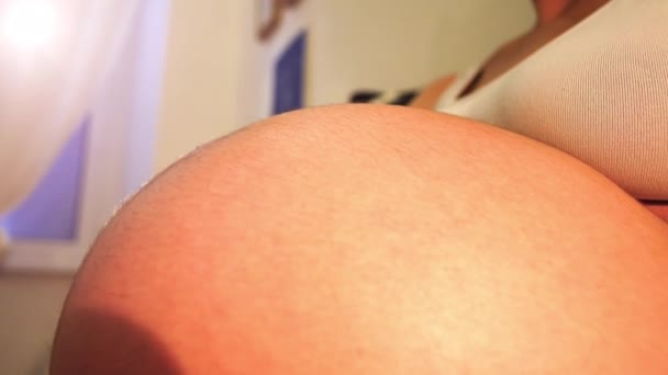 Kobieta w ciąży z dziewiątego miesiąca, pieszczoty jej brzuch — Wideo stockowe