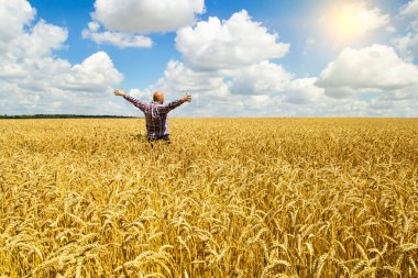 Elleri havada mutlu bir çiftçi iyi hasatla neşeleniyor
