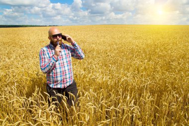 Çiftçi elektronik sigara içiyor ve telefonu mavi gökyüzü ve güneşli buğday tarlasında tutuyor.,