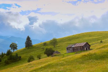 Bir yaz günü, dağlardaki fillerin üzerindeki ahşap ev..