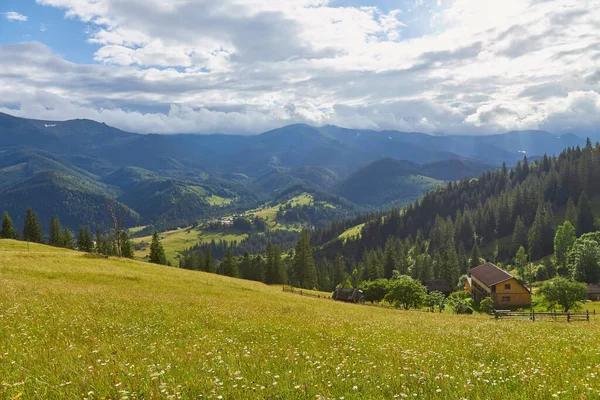 Paisaje Verano Montaña Con Verdes Colinas Boscosas Hermoso Paisaje Soleado —  Fotos de Stock