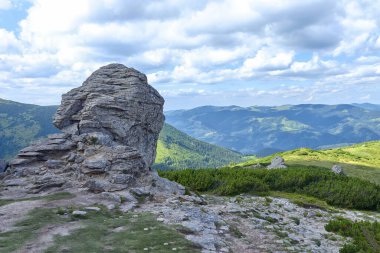 Karpat Dağları 'nın tepesinde bir taşla yaz manzarası