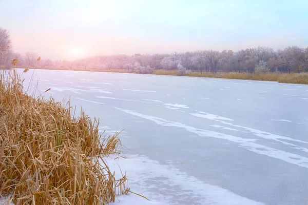 Солнце Над Замерзшим Озером Зимний Вечер — стоковое фото