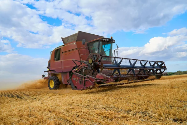 Buğday Tarlasında Hasat Makinesini Mavi Gökyüzüyle Birleştir — Stok fotoğraf