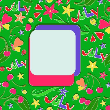 Temmuz. Ay. Yaz çerçeve. Çocuklar için resim. Çocuk tekstıl tasarım hediye sarma. Düz stil.