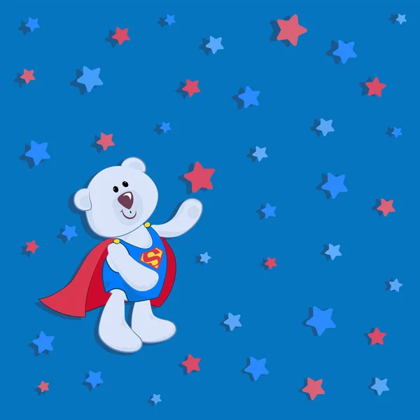 Filhote Urso Branco Super Homem Fundo Azul Com Estrelas Projeto — Vetor de Stock