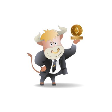 Boğa işadamı Ephyrium gösterir. Şifreleme, bir örnek üzerinde exchange kripto para birimi iskambil stratejisini mali teknolojilerin. Karikatür tarzı.