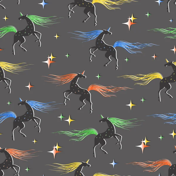 Unicorni Luminosi Nel Magico Bagliore Delle Stelle Schema Senza Soluzione — Vettoriale Stock